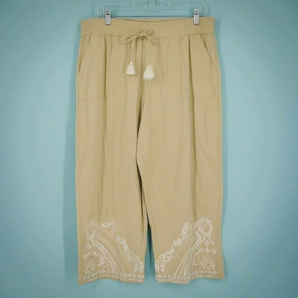 Soft Surroundings Size Large L Khaki Pull On Embroidered Ankle Cotton Pants